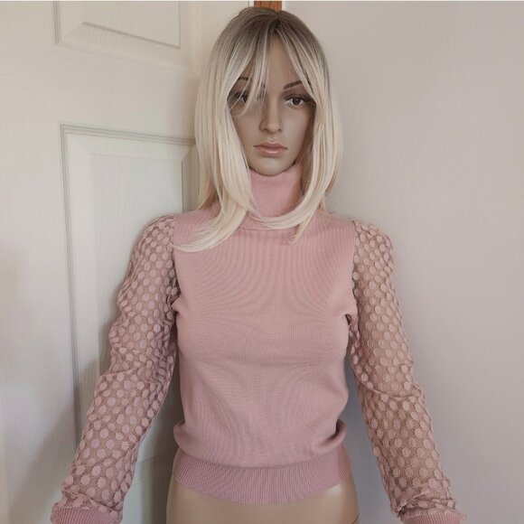 LOVE TREE Turtleneck Sheer Polka Dot Mesh Long Sleeve Sweater Pink Size S - Picture 1 of 9